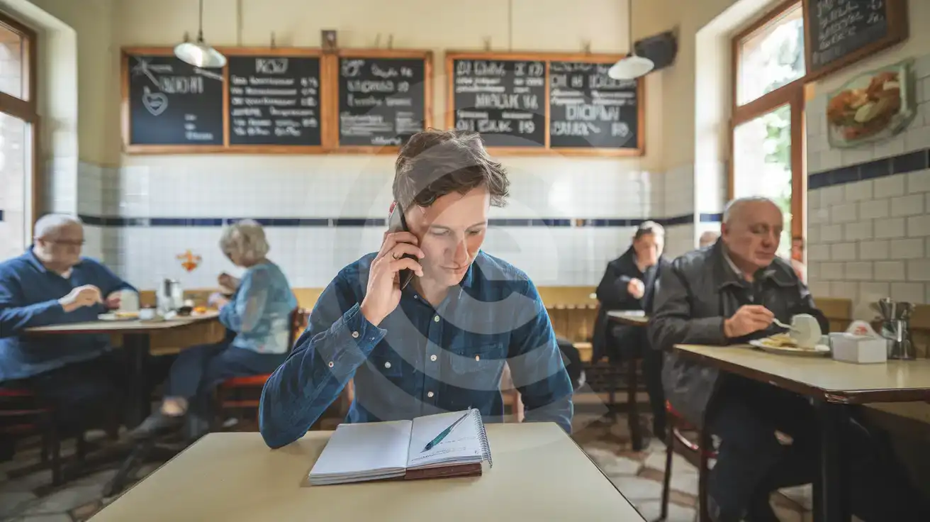 Călător făcând un apel telefonic, așezat într-un bar tradițional polonez, cu un caiet pentru notițe