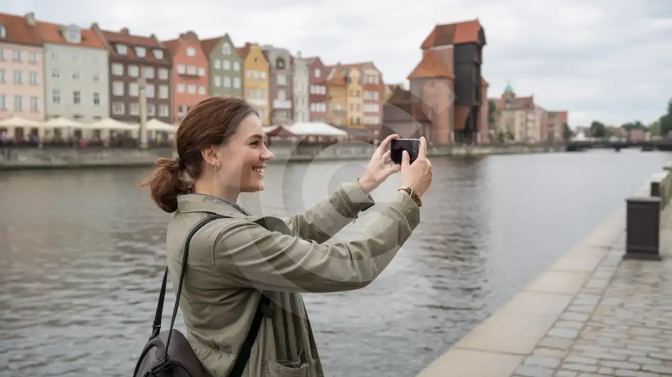 Solo female traveler photographing Gdańsk's colorful Hanseatic waterfront along the Motława River on an overcast day