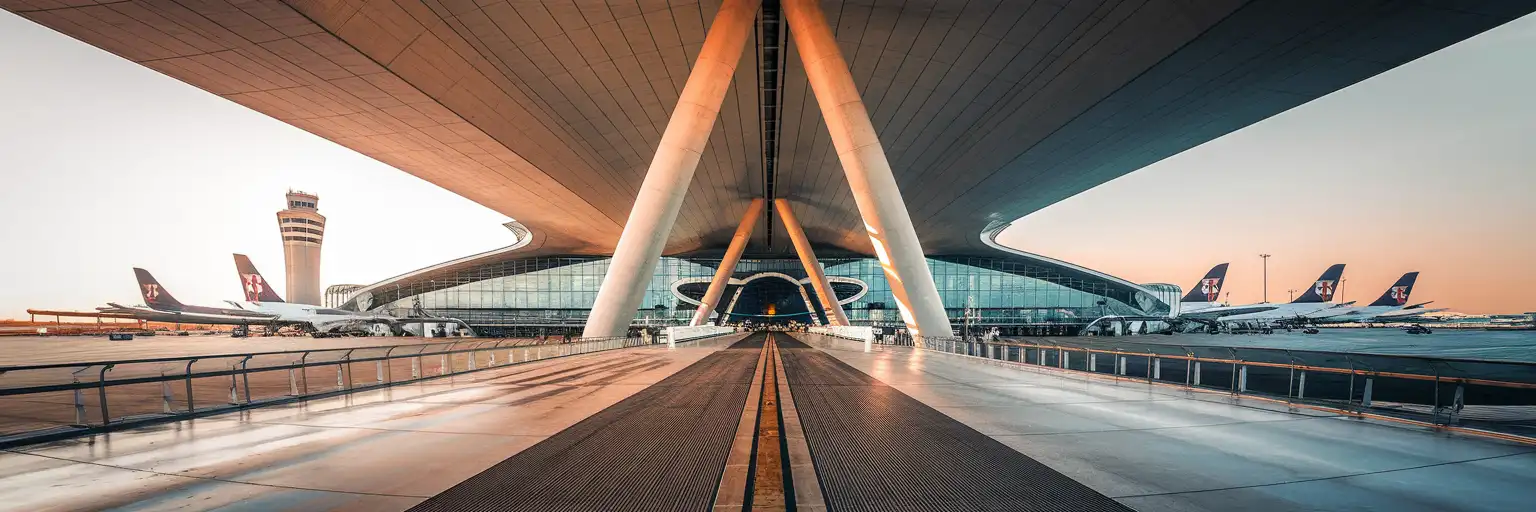 Humberto Delgado Airport Terminal 1 exterior facade with control tower at golden hour in Lisbon, Portugal