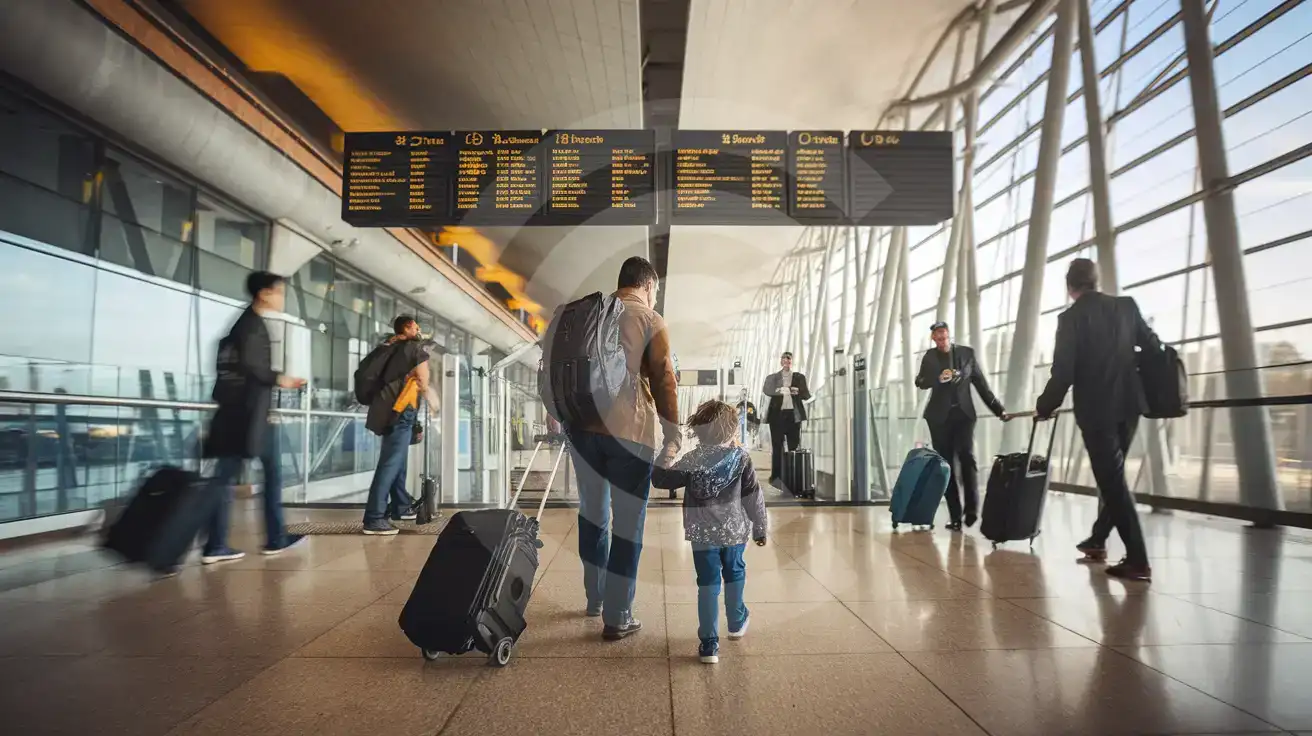 Family walking through Humberto Delgado Airport Terminal 1 arrivals concourse in Lisbon with smartphone in hand