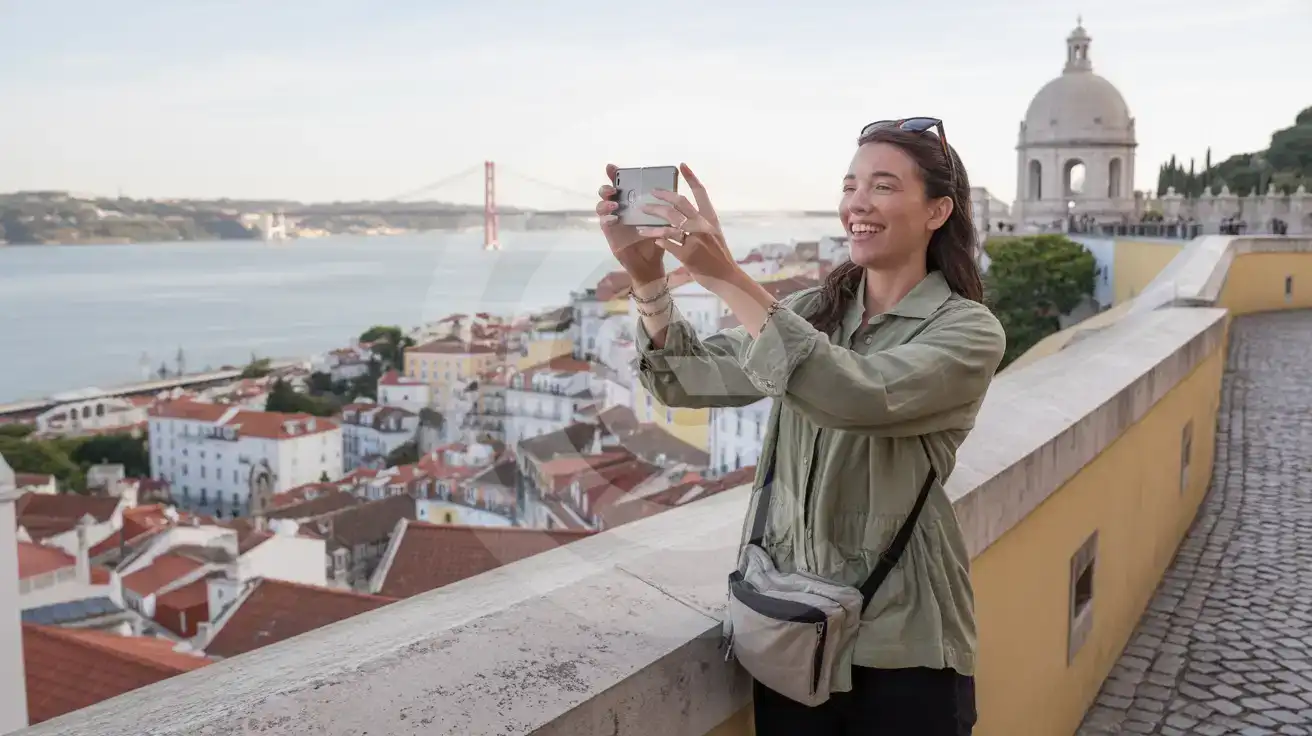 Solo female traveler photographing the red-roofed Alfama district and Tagus River from Miradouro da Graça viewpoint in Lisbon