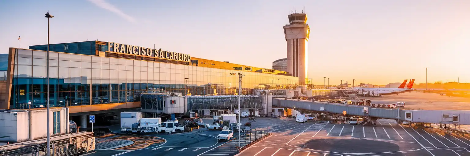 Exterior view of Francisco Sá Carneiro Airport in Porto, Portugal at golden hour