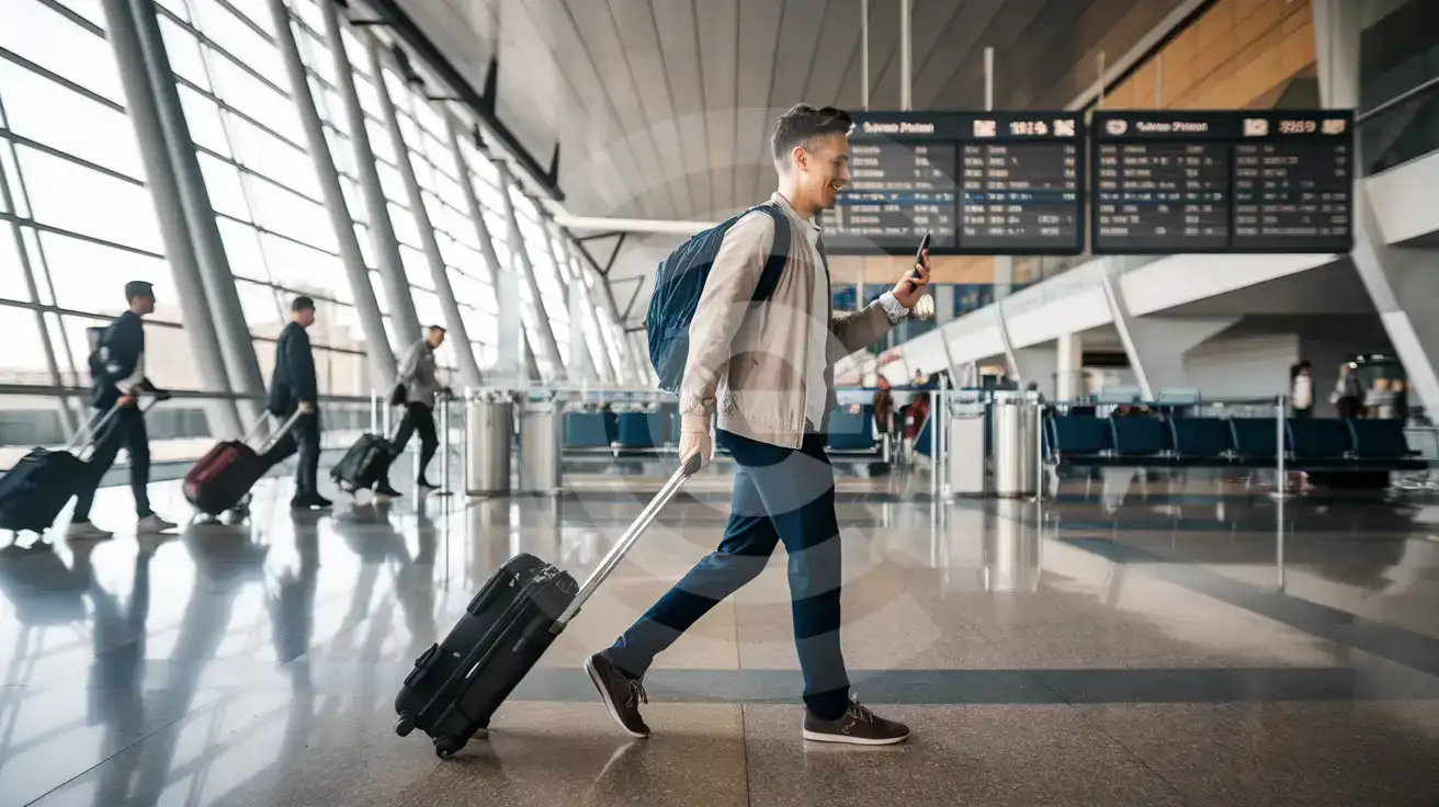 Solo male traveler walking through the arrivals concourse at Francisco Sá Carneiro Airport in Porto, Portugal