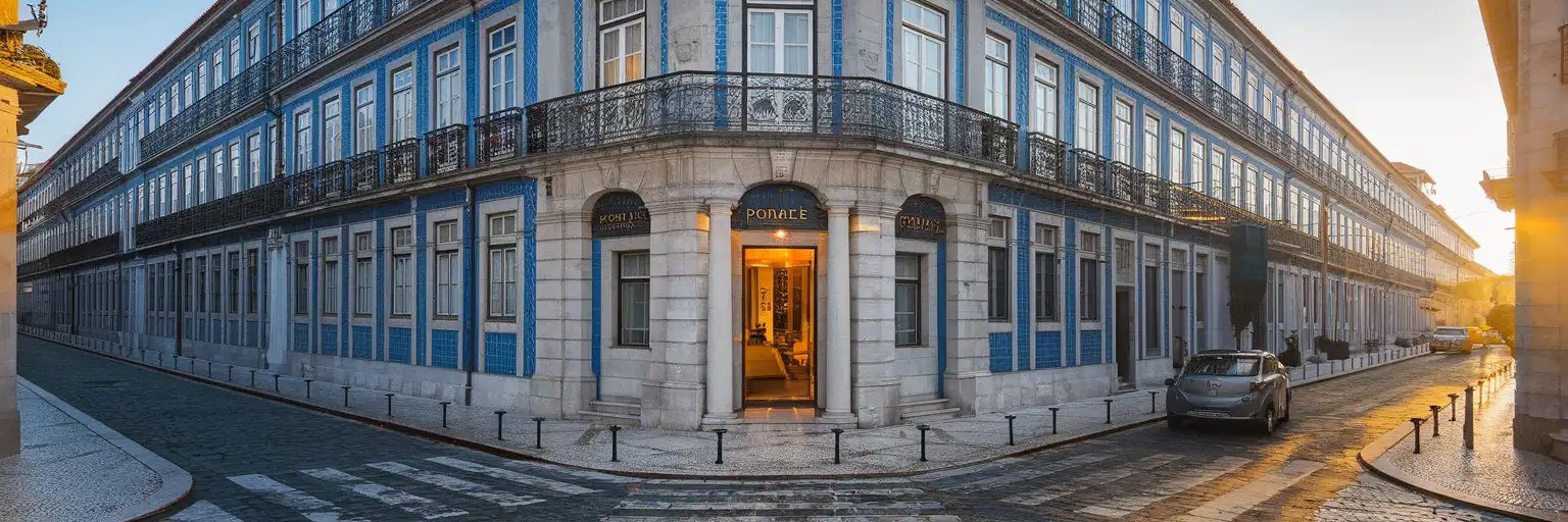 Porto Trindade Hotel exterior with traditional Portuguese architecture and blue azulejo tiles in Porto's Trindade district at golden hour