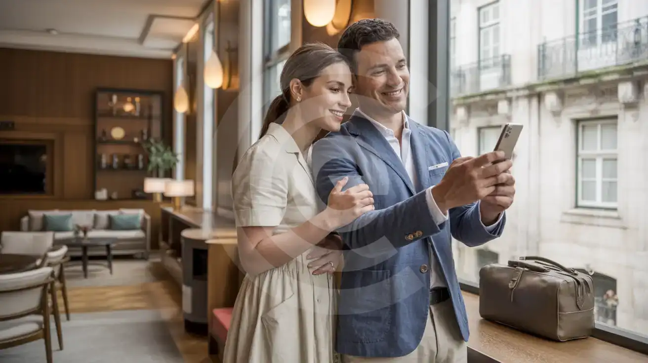 Honeymoon couple in Porto Trindade Hotel lobby checking phone together with traditional Porto architecture visible through windows