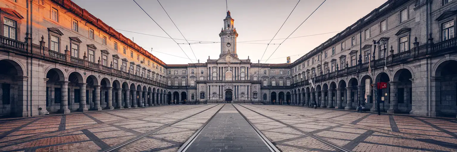 Wide exterior view of Porto City Hall on Avenida dos Aliados at golden hour in Porto, Portugal