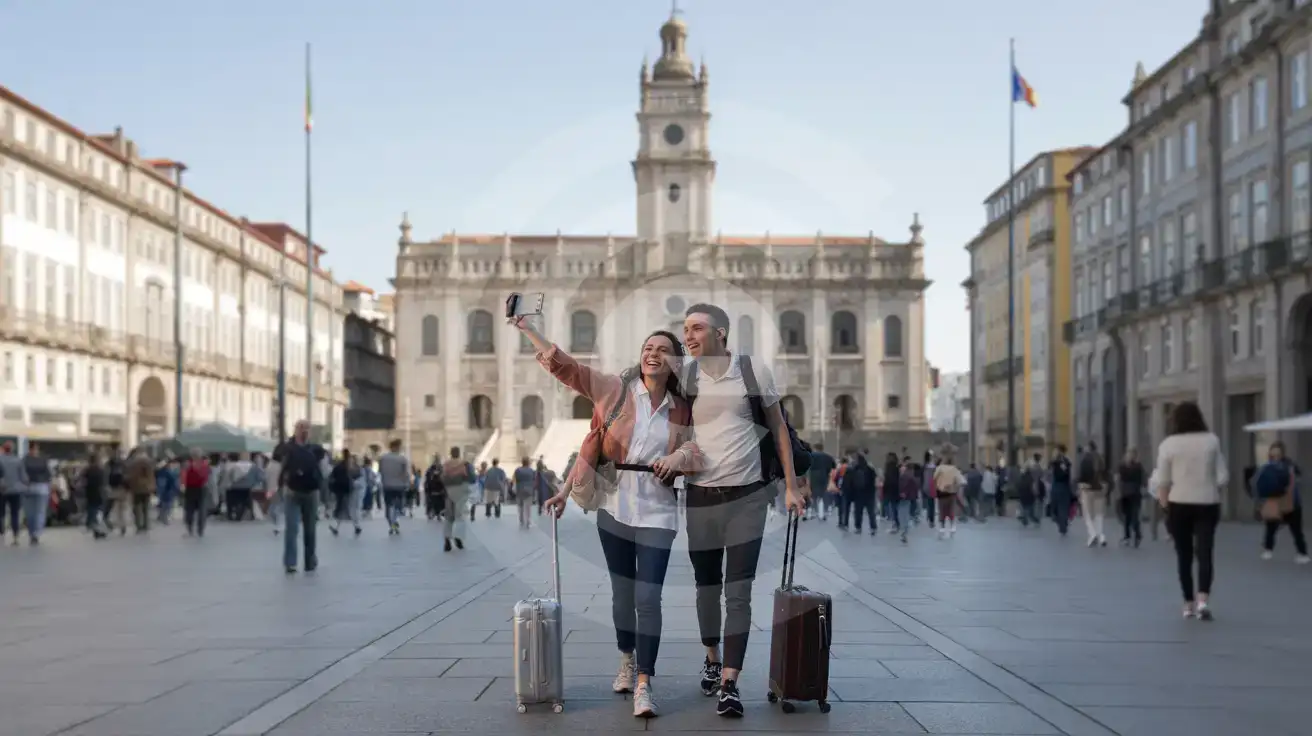 A mixed couple approaching Porto City Hall along Avenida dos Aliados in Porto, Portugal