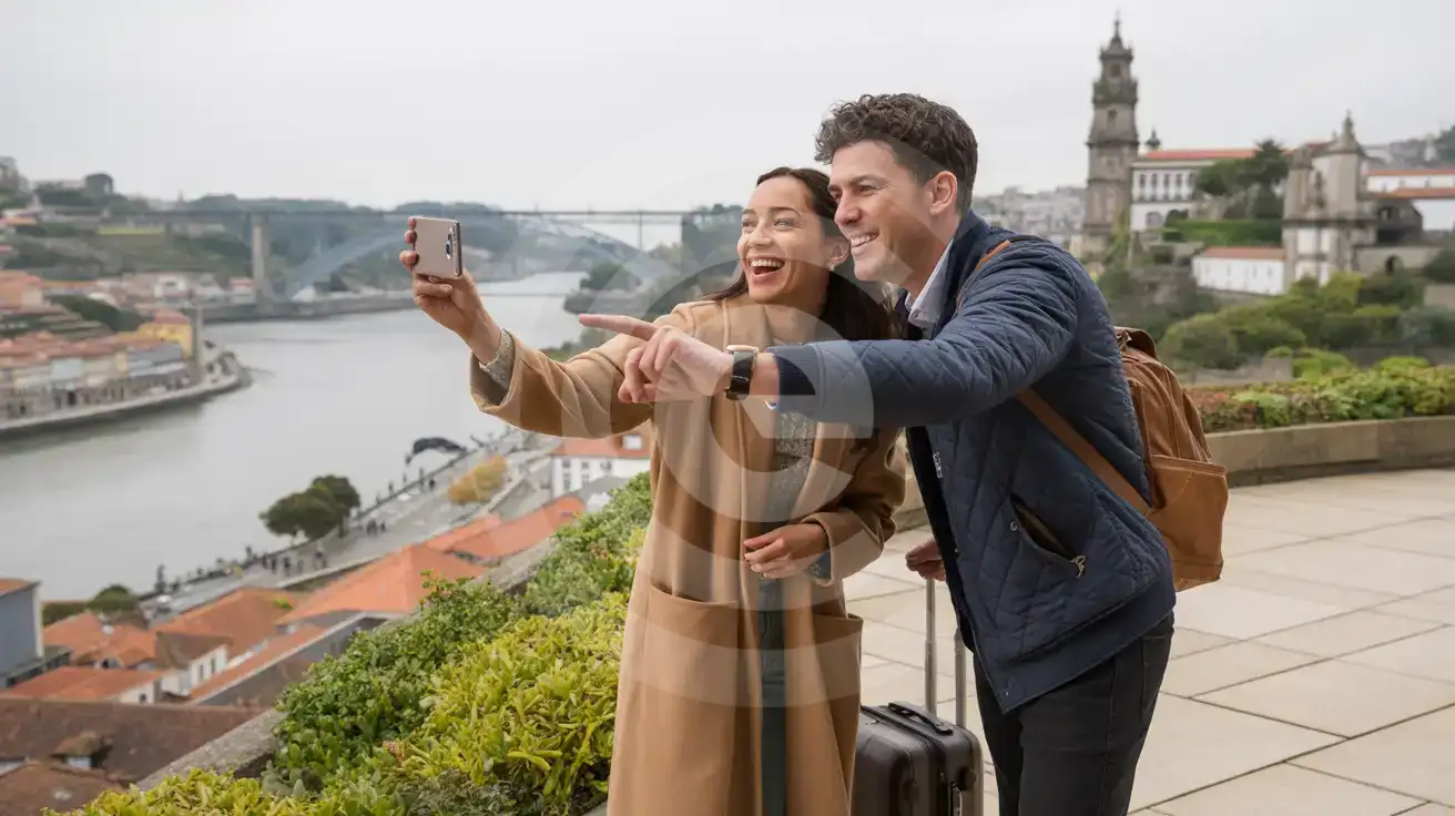 Couple photographing the Douro River panorama from Jardins do Palácio de Cristal in Porto