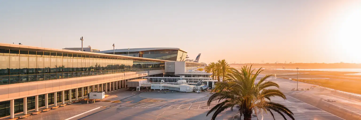 Exterior view of Faro Airport in Faro, Portugal at golden hour