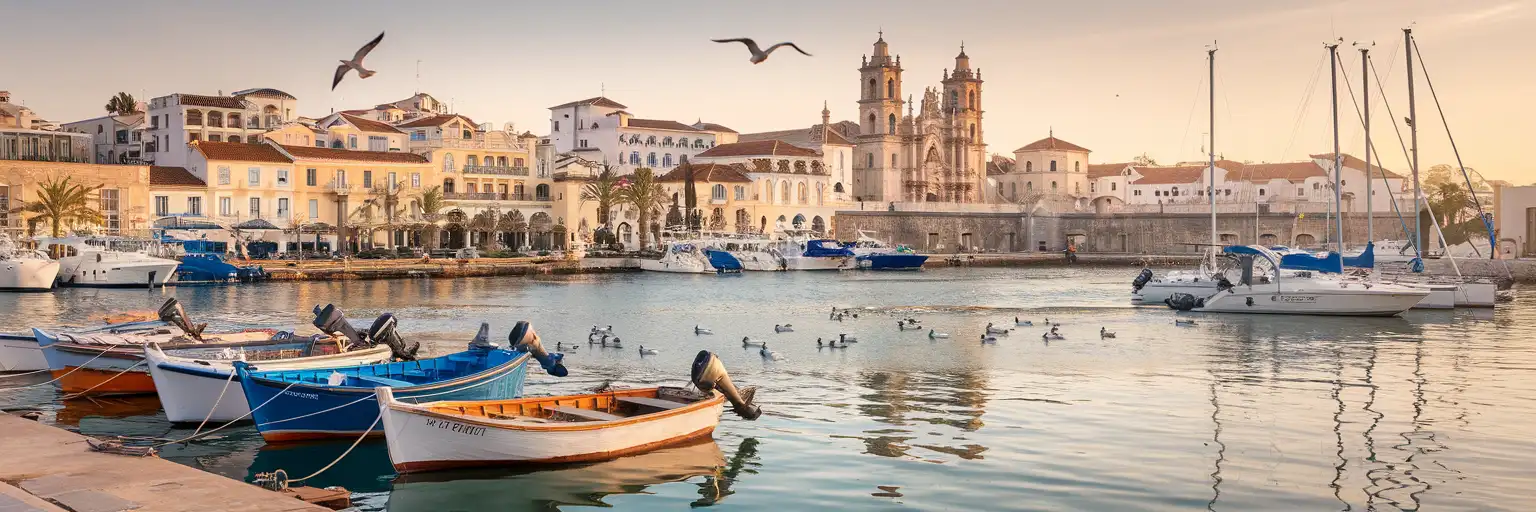 Port of Faro marina at golden hour with traditional boats, whitewashed Old Town buildings, and Faro Cathedral towers in the background