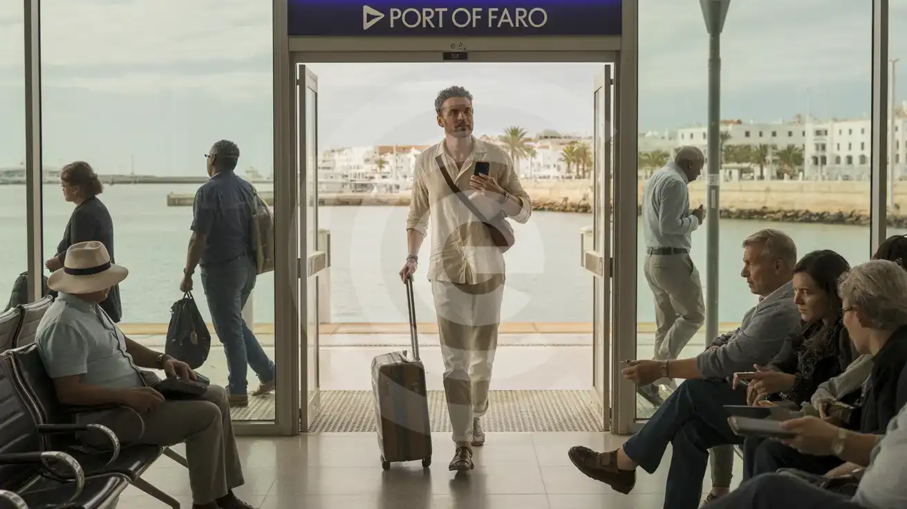 Solo male traveler walking through Port of Faro cruise terminal toward the marina exit, smartphone in hand