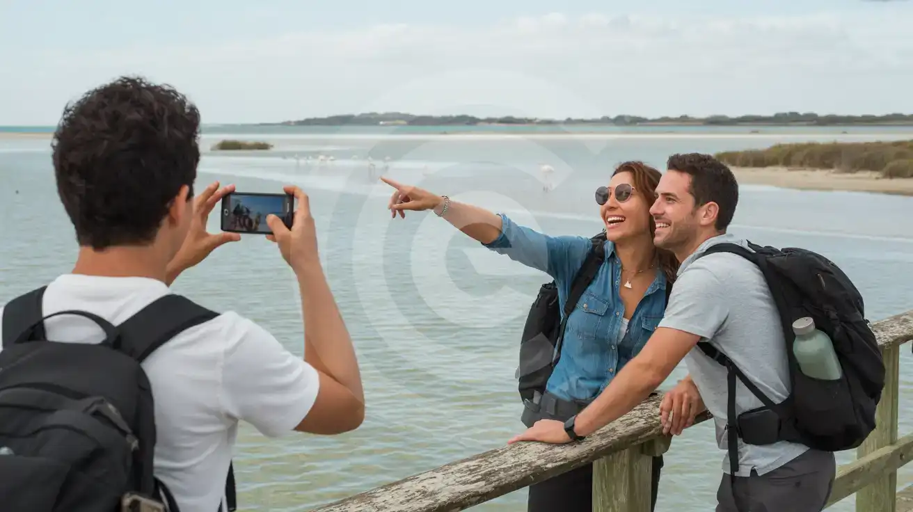 A small group of friends on a boardwalk over Ria Formosa lagoon near Faro with salt marshes and barrier islands in the distance
