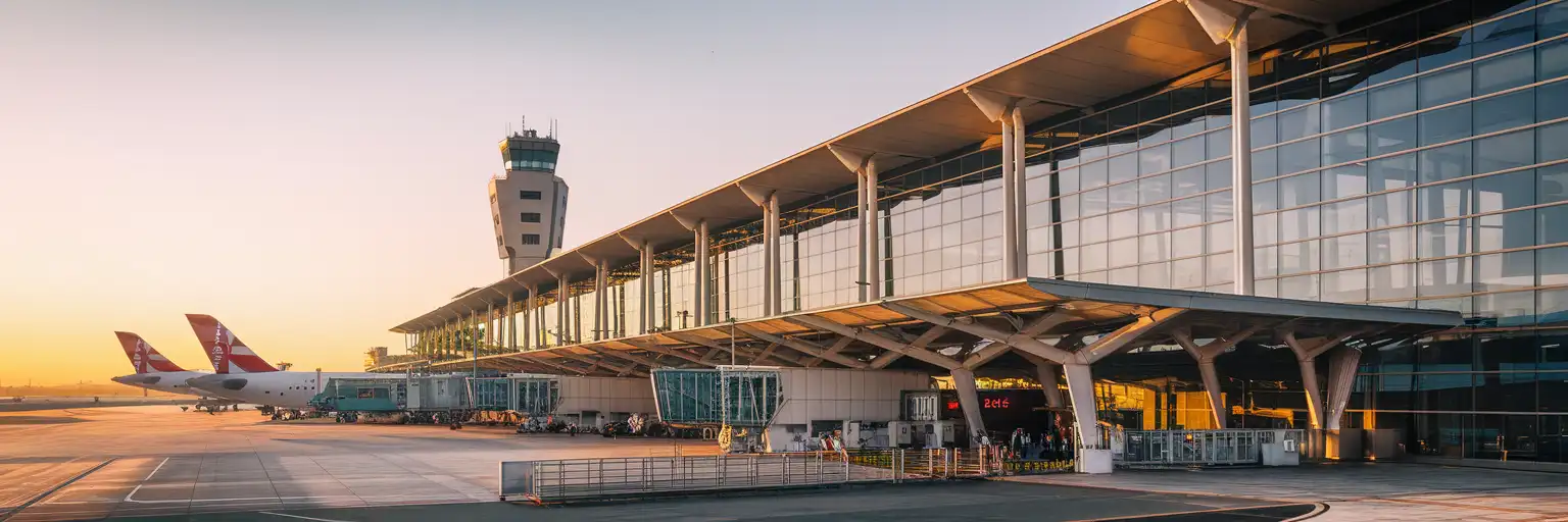 Humberto Delgado Airport Terminal 1 exterior at golden hour with aircraft at gates and control tower visible