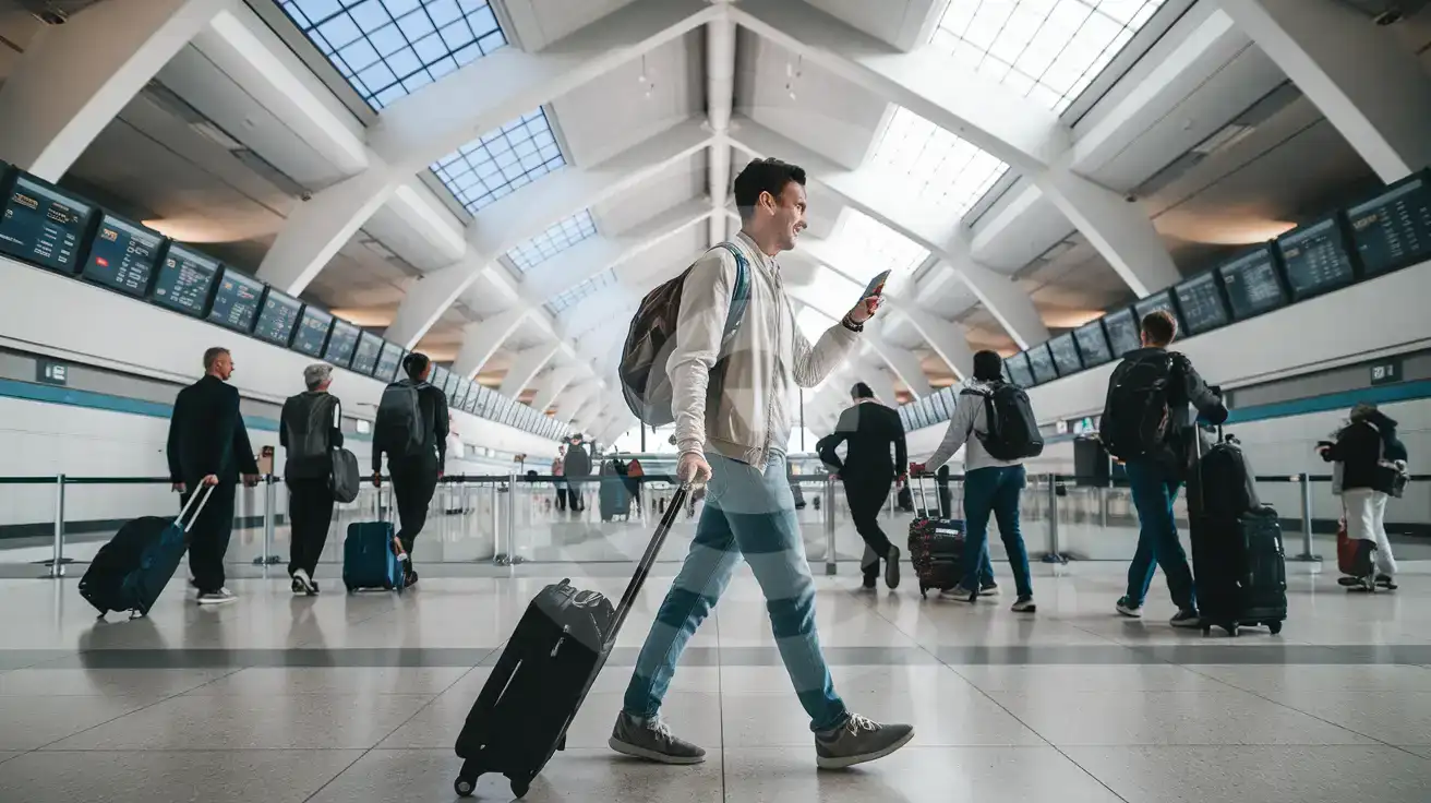 Solo male traveler walking through Lisbon Airport Terminal 1 arrivals concourse with smartphone and rolling suitcase