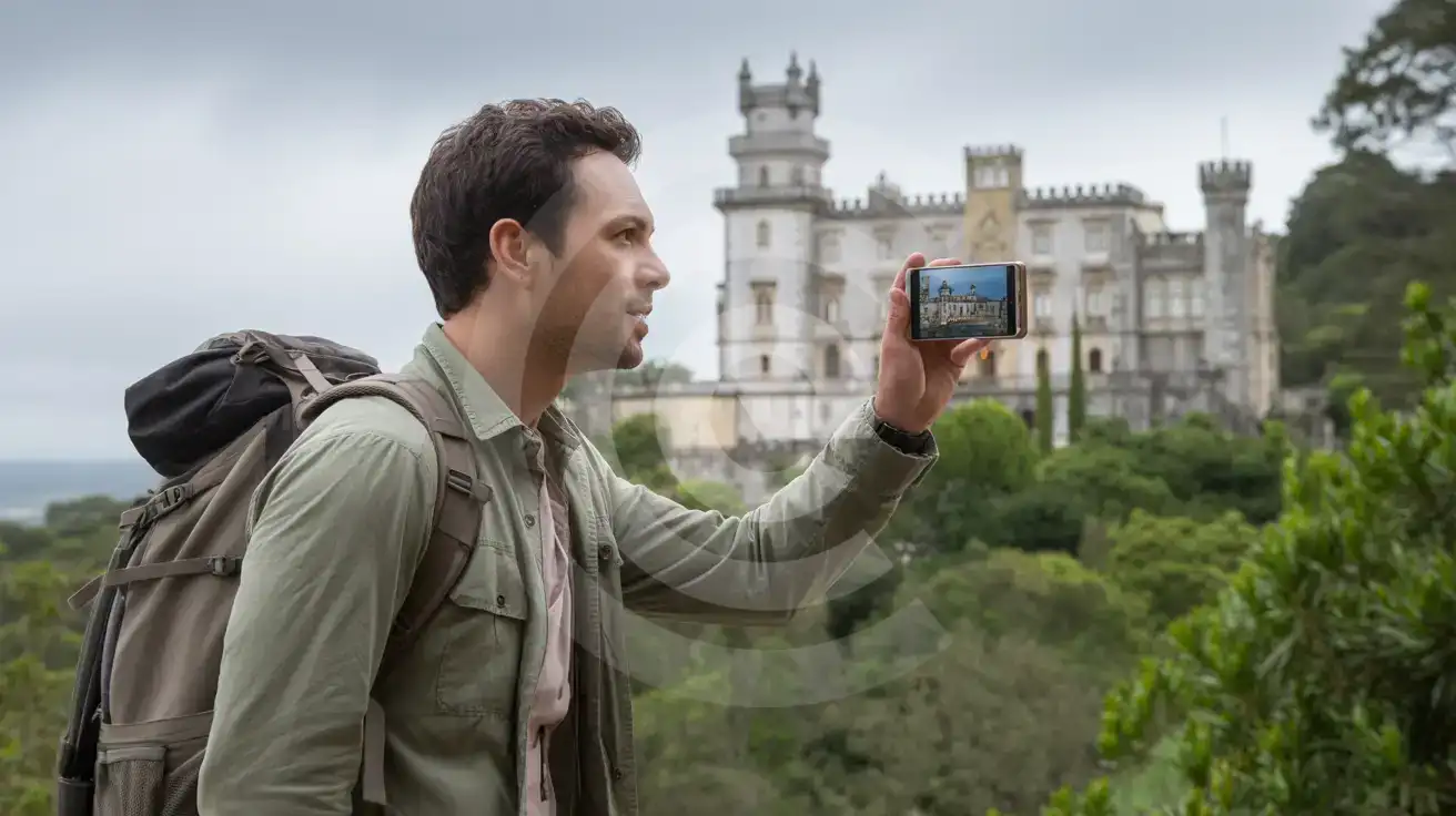 Solo male traveler photographing Quinta da Regaleira palace facade in Sintra Portugal on an overcast morning