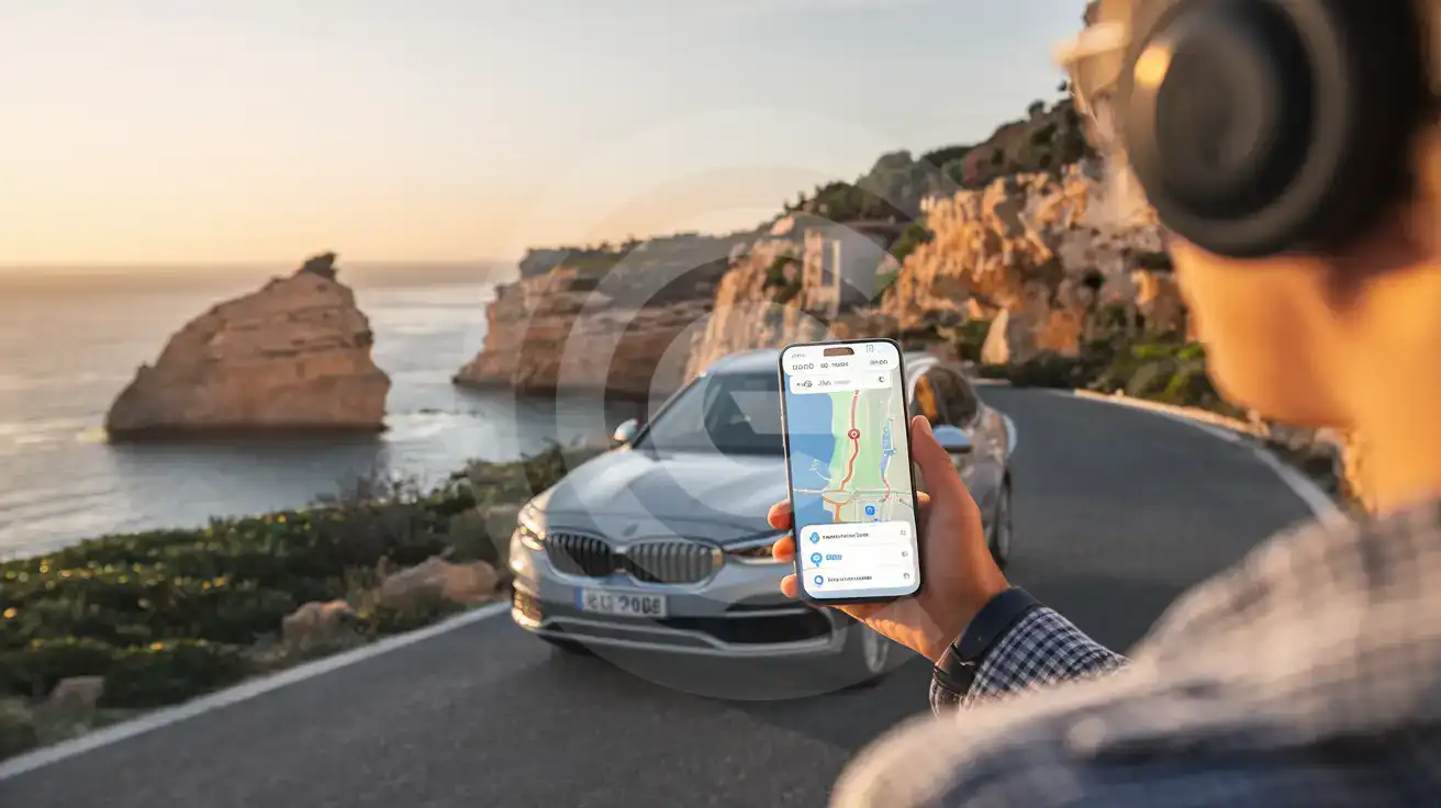 Podróżnik sprawdzający trasę na GPS w smartfonie obok wynajętego auta na wybrzeżu Algarve w Portugalii