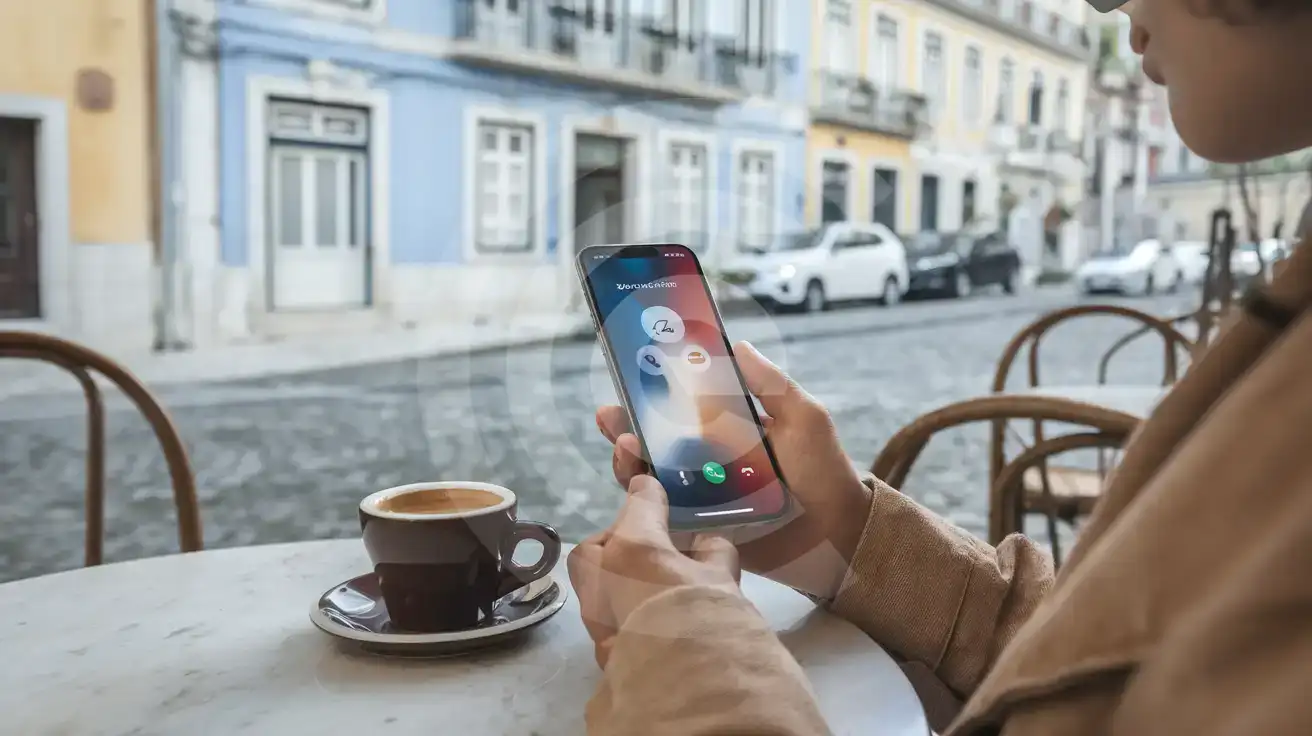 Călător primind un apel pe smartphone la o terasă de cafenea din Portugalia