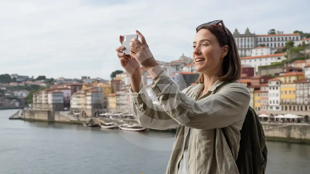 Solo female traveler photographing Porto's colorful Ribeira waterfront from Luís I Bridge with the Douro River and port-wine lodges in the background