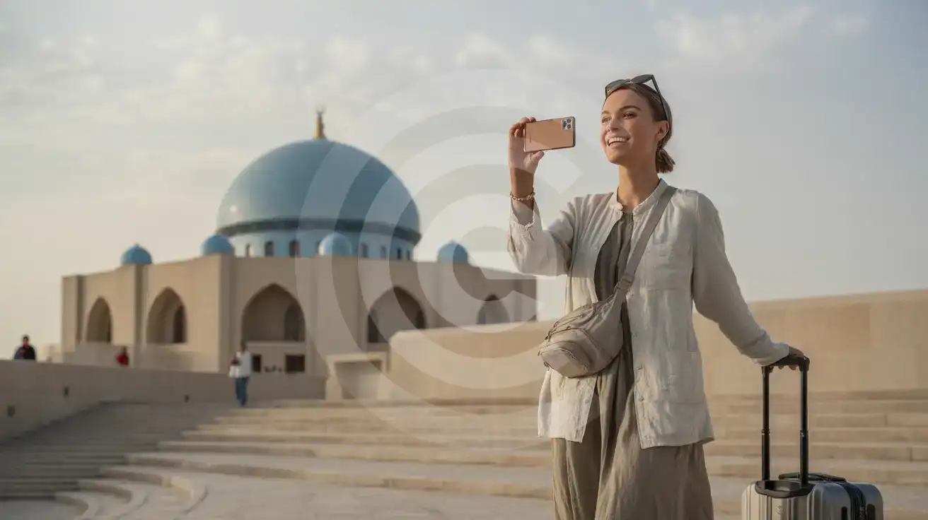 مسافرة منفردة تلتقط صورًا لمسرح قرية كتارا الثقافية وقبة المسجد ذات البلاط الأزرق في الدوحة