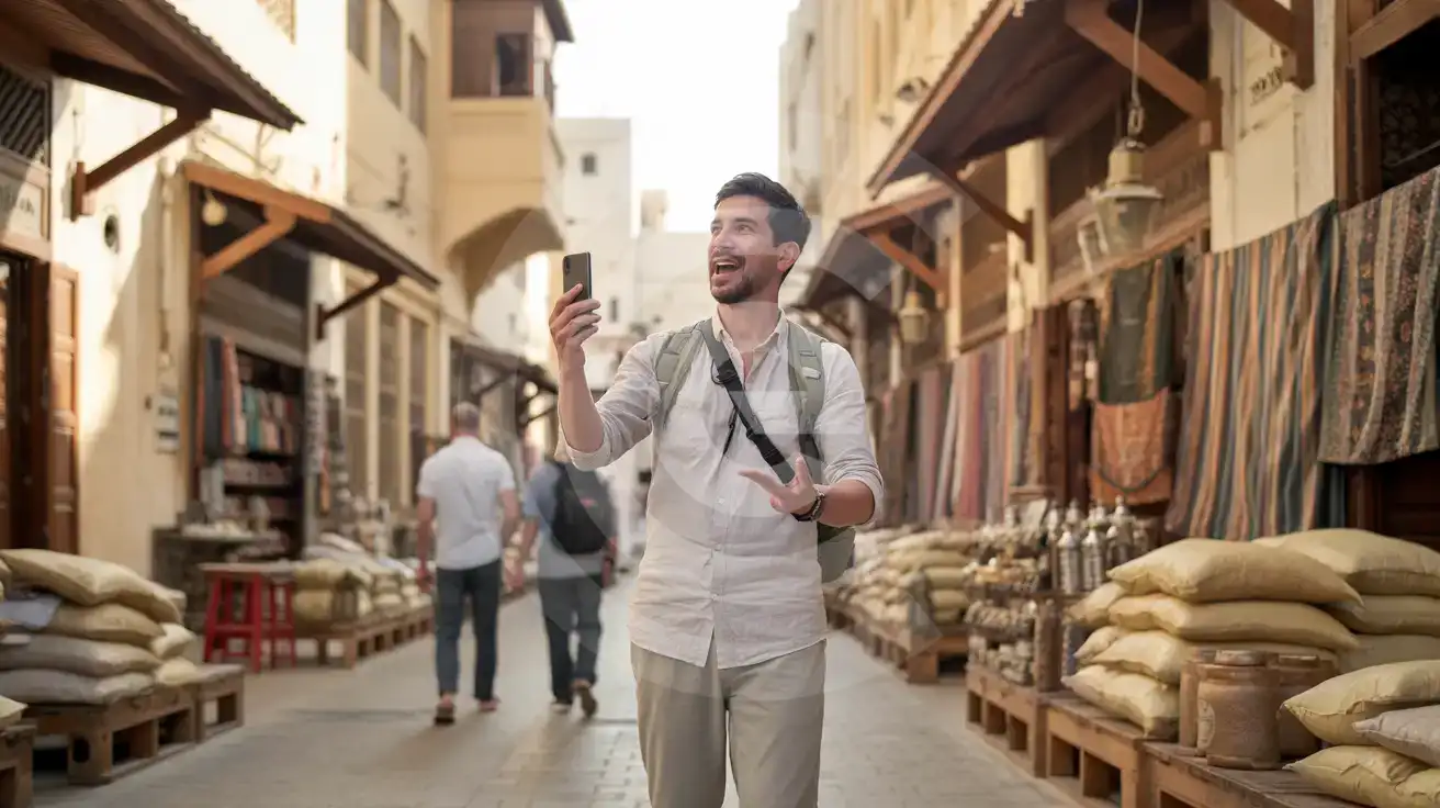 A solo male traveler filming a video on his smartphone in the traditional alleyways of Souq Waqif in Doha at golden hour