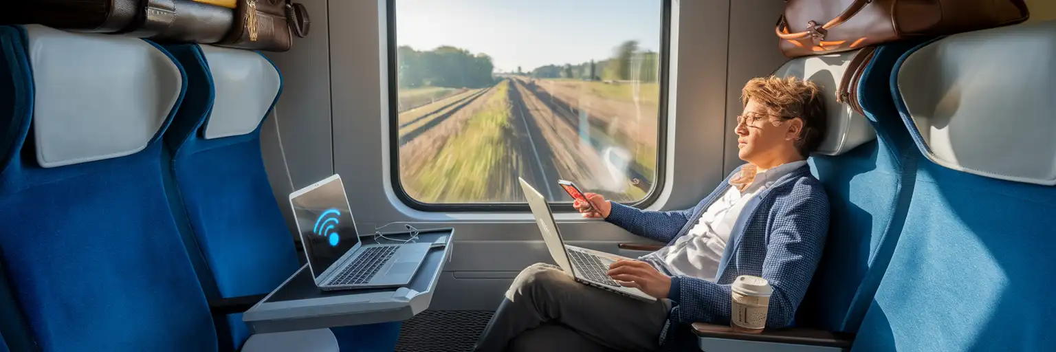 Călător folosind laptopul conectat la hotspot-ul telefonului într-un tren din România, lumină de dimineață prin fereastră