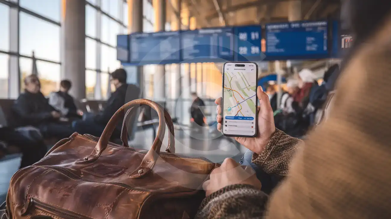 Călător consultând harta pe telefon în zona de așteptare a unei autogări din România