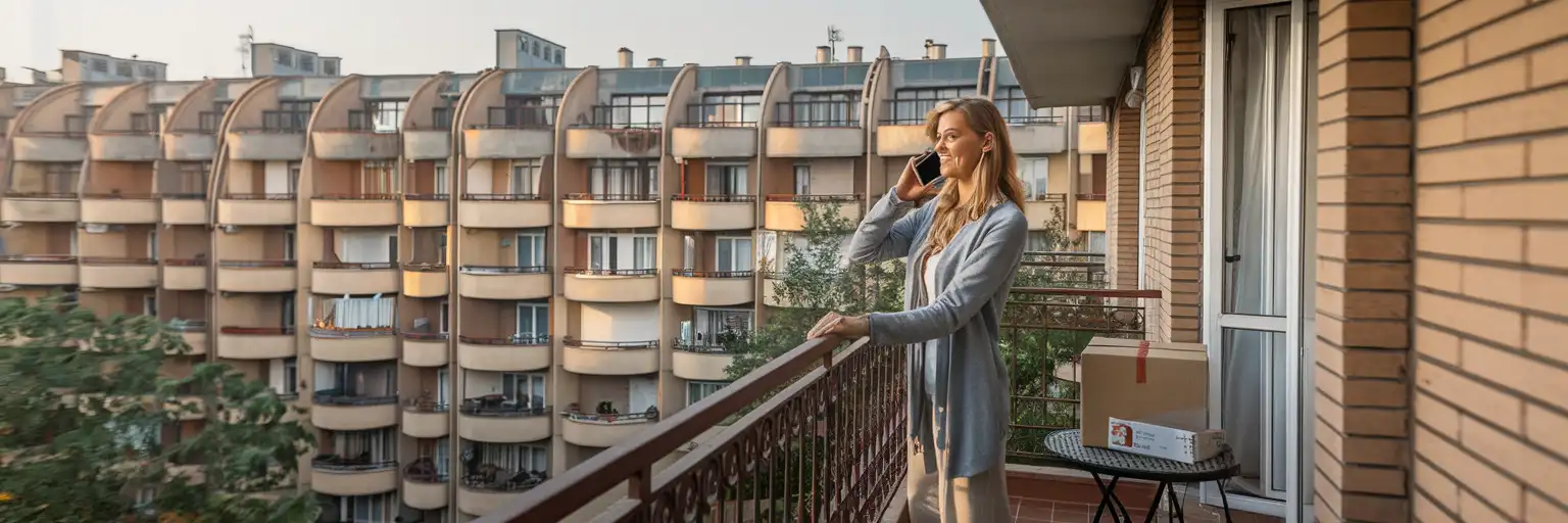Kobieta rozmawiająca przez telefon na balkonie mieszkania w Bukareszcie z budynkami mieszkalnymi w tle