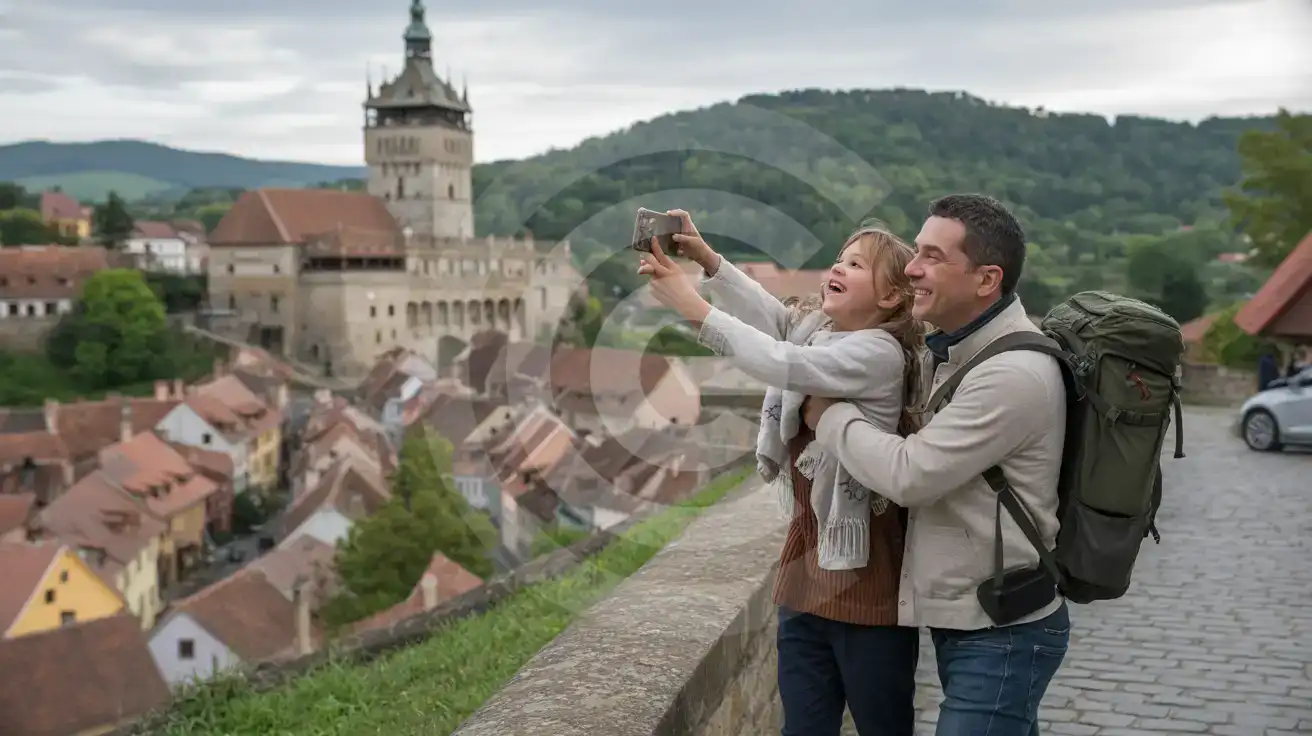 Family photographing the medieval Clock Tower in Sighișoara's UNESCO citadel, Transylvania, Romania