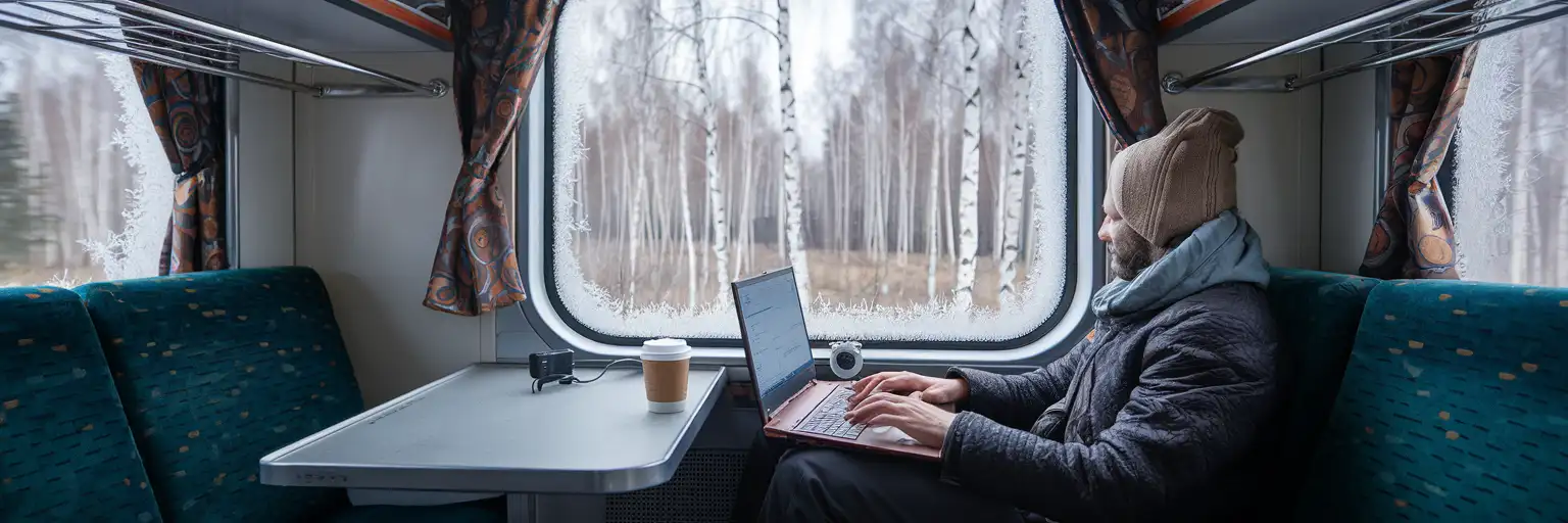 Podróżnik korzystający z laptopa i hotspotu telefonu w przedziale rosyjskiego pociągu dalekobieżnego z widokiem na brzozowe lasy przez oszronione okna