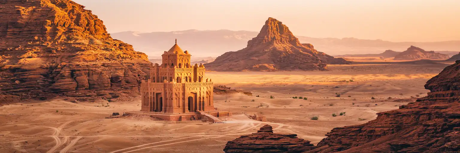 Qasr al-Farid tomb rising from the AlUla desert at golden hour in Saudi Arabia