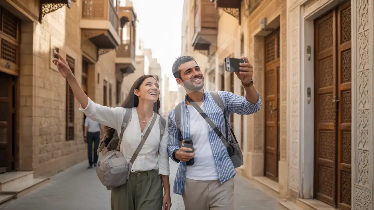 Couple exploring Jeddah Al-Balad historic district with smartphone capturing coral-stone architecture