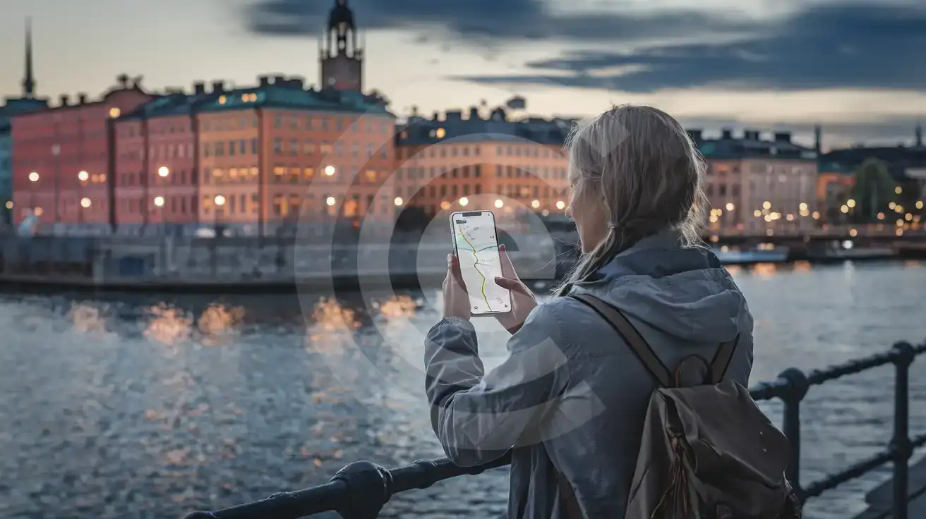 Stockholm su kenarında alacakaranlıkta Gamla Stan arka planda telefonundan navigasyonu kontrol eden gezgin