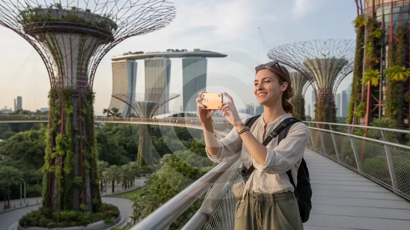 Solo female traveler photographing the Supertree Grove at Gardens by the Bay in Singapore from the OCBC Skyway walkway