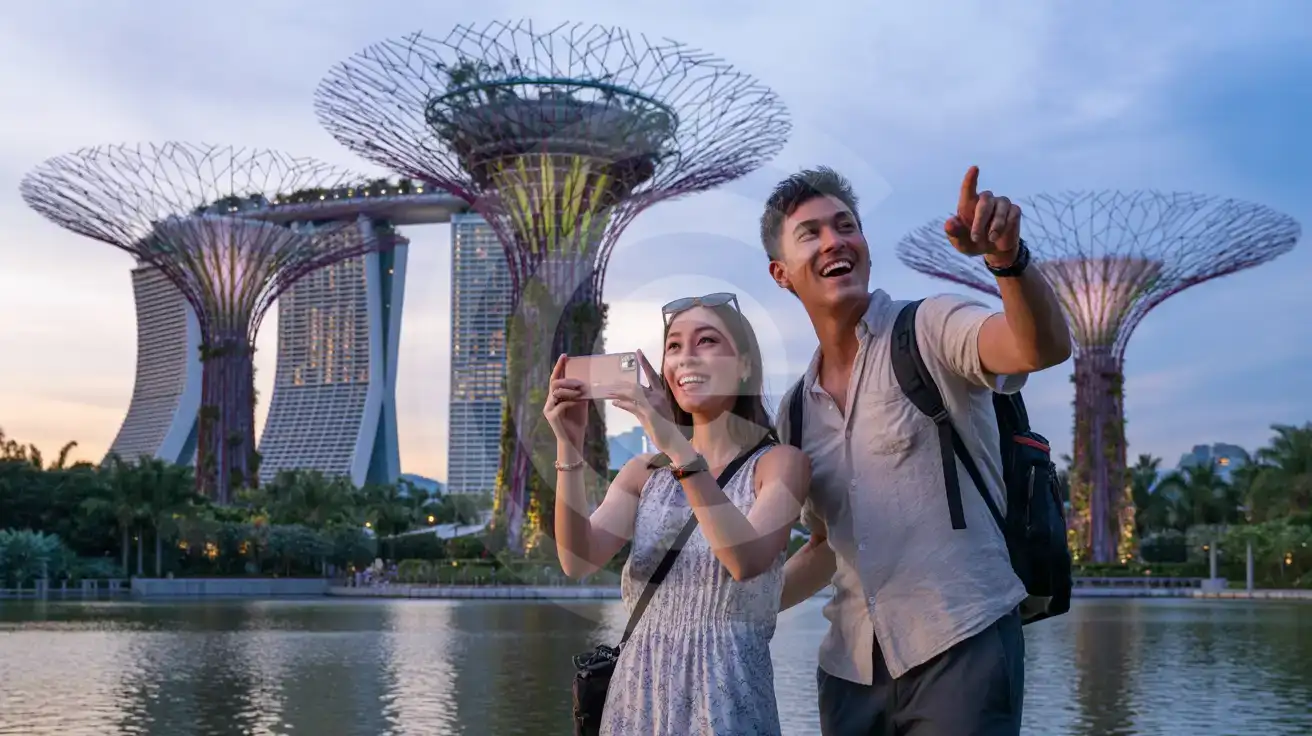 Двойка, която снима осветената горичка със Супердървета в Gardens by the Bay в Сингапур по здрач
