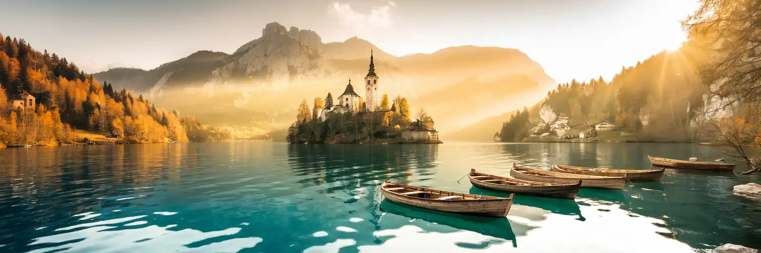 Lago Bled con su iglesia en la isla y castillo en el acantilado rodeados por los Alpes Julianos al atardecer en Eslovenia