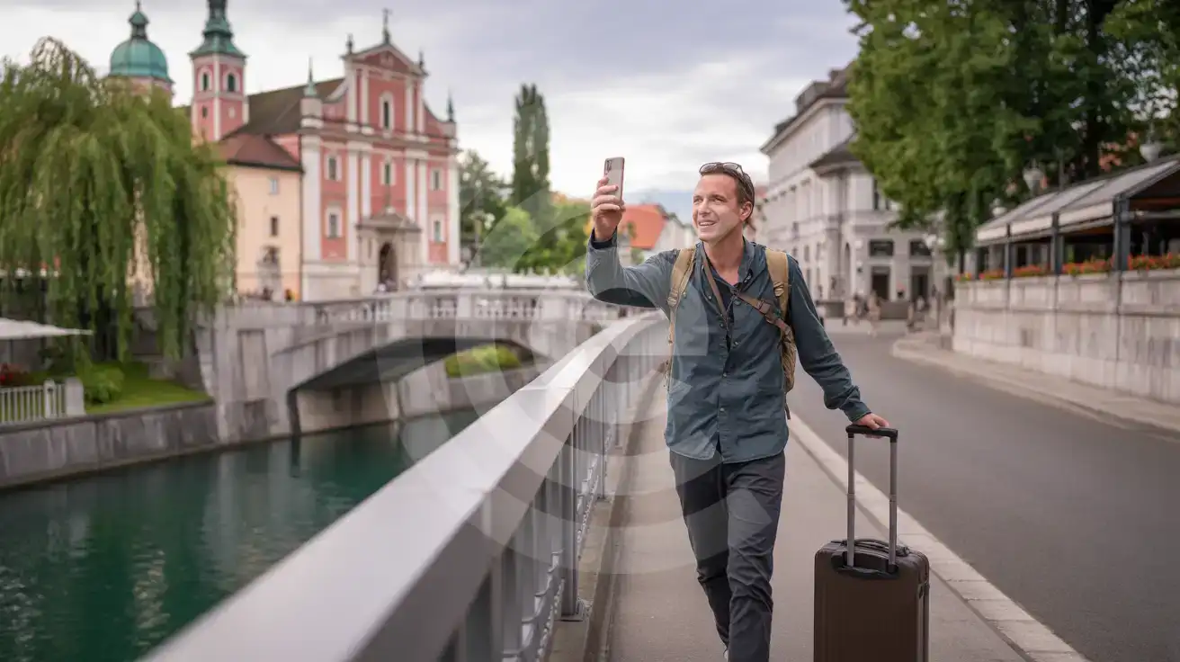 Viajero solitario fotografiando el Puente Triple y la Iglesia Franciscana de Liubliana mientras cruza el río Ljubljanica