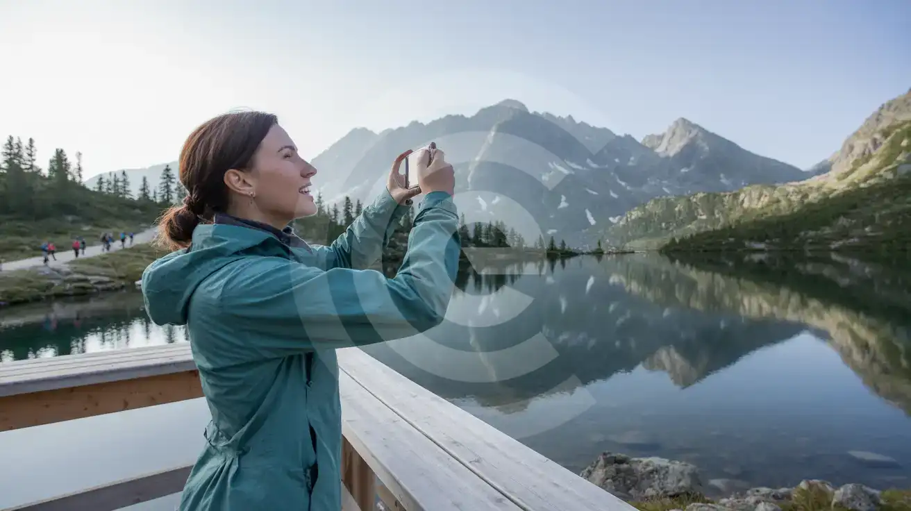 Podróżniczka fotografująca góry Tatry Wysokie odbijające się w jeziorze Štrbské Pleso na Słowacji