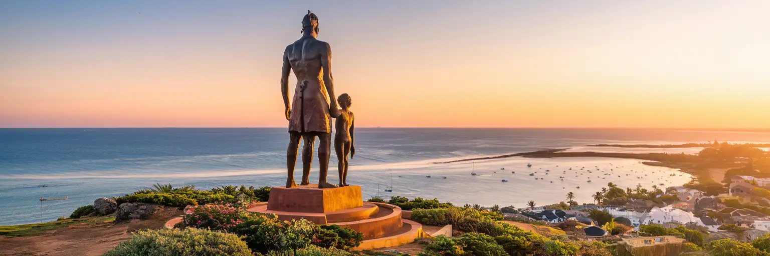 El Monumento al Renacimiento Africano con vista al Océano Atlántico en Dakar, Senegal durante la hora dorada