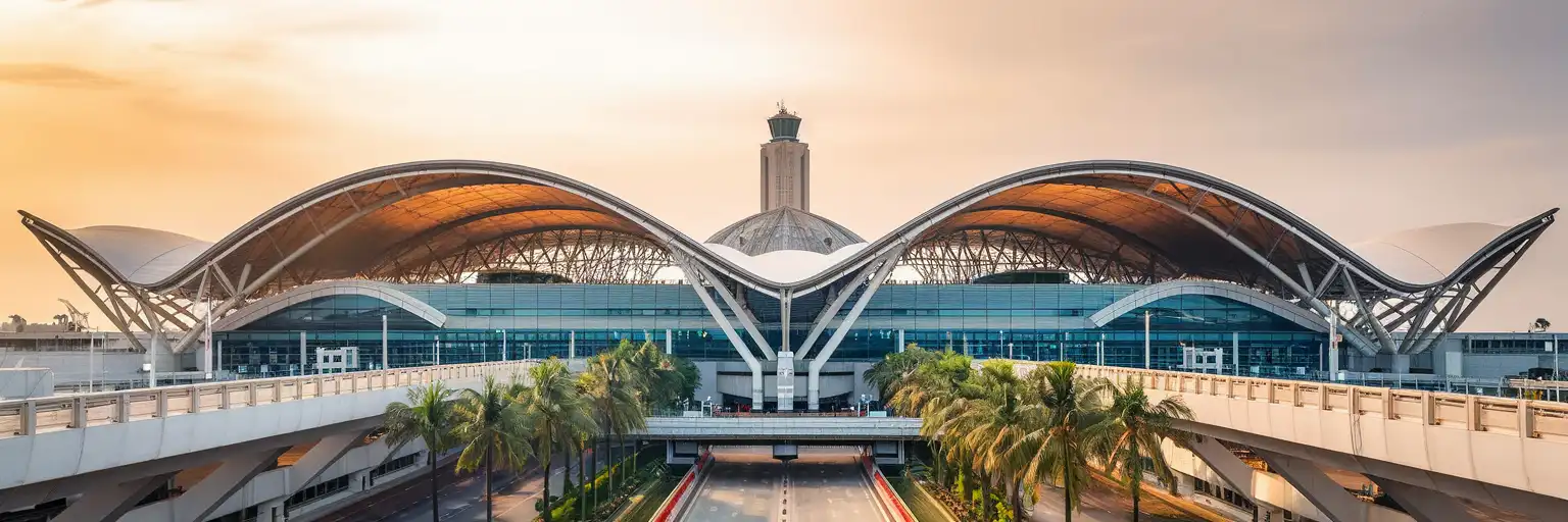 Suvarnabhumi Airport terminal exterior with distinctive tensile-fabric roof architecture at golden hour in Bangkok, Thailand