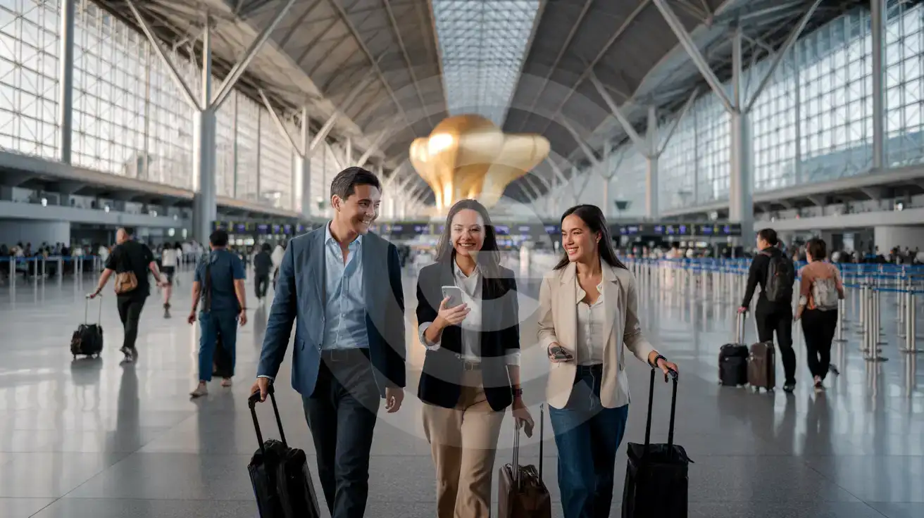 Business travelers walking through Suvarnabhumi Airport departure hall with distinctive steel-truss ceiling architecture in Bangkok