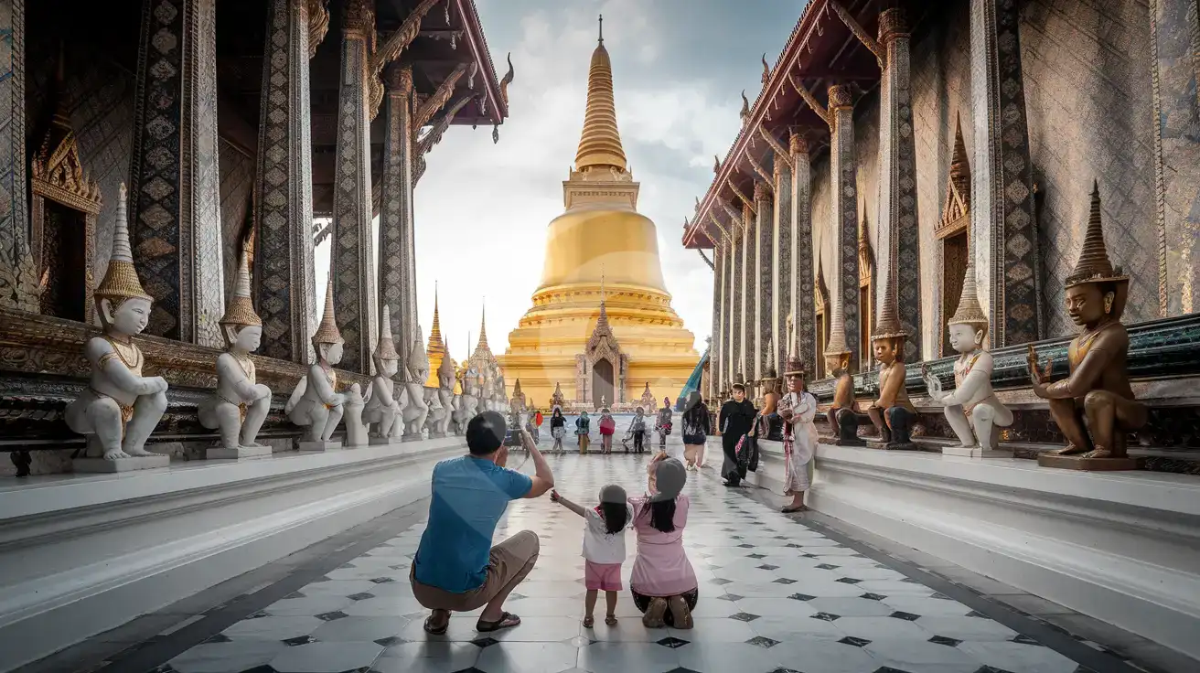 Family photographing the golden Phra Si Rattana Chedi inside Wat Phra Kaew at the Grand Palace in Bangkok