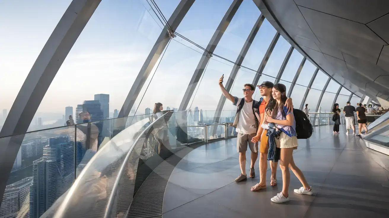 Small group of friends enjoying the Skywalk observation deck at King Power Mahanakhon in Bangkok