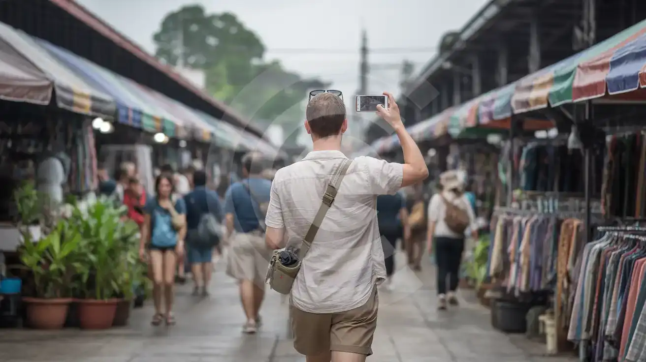 Solo male traveler photographing colorful stalls at Chatuchak Weekend Market in Bangkok Thailand