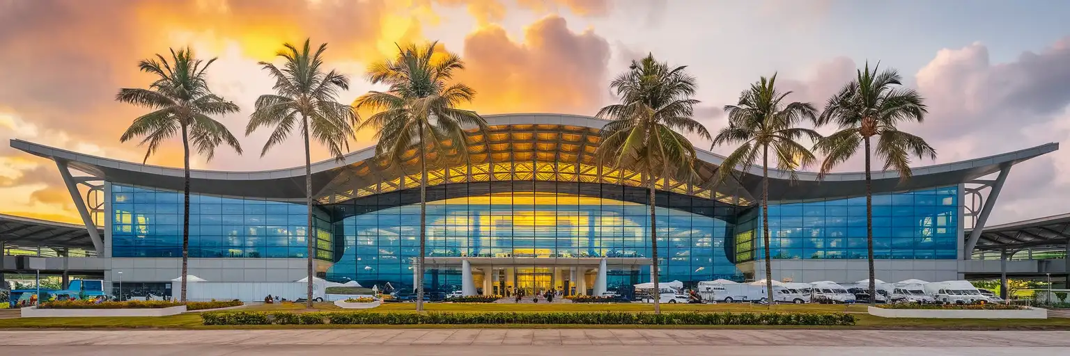 Phuket International Airport Terminal 1 facade with wave-inspired roofline at golden hour