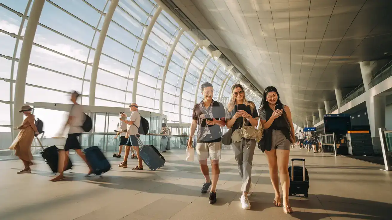Friends walking through Phuket International Airport Terminal 1 arrivals concourse with smartphones