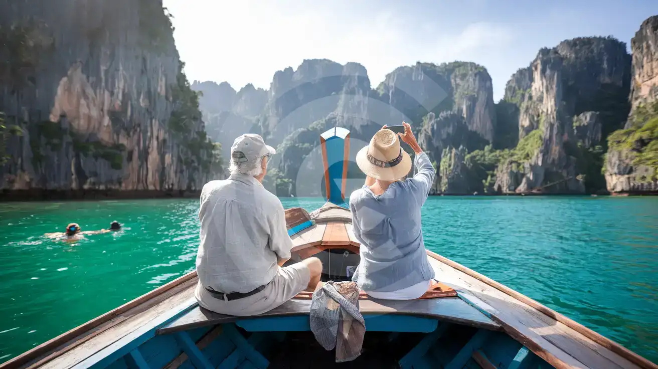 Senior couple photographing limestone cliffs from a longtail boat in Pileh Lagoon during a Phi Phi Islands Tour