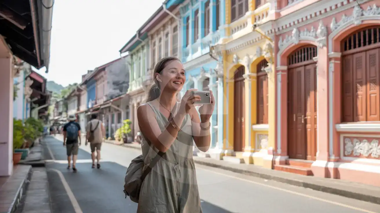 Solo female traveler photographing colorful Sino-Portuguese shophouses in Old Phuket Town
