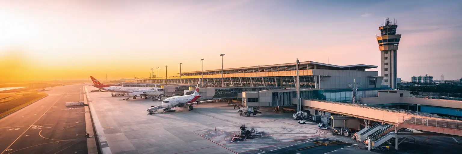 Wide exterior view of U-Tapao Rayong-Pattaya International Airport in Pattaya, Thailand at golden hour
