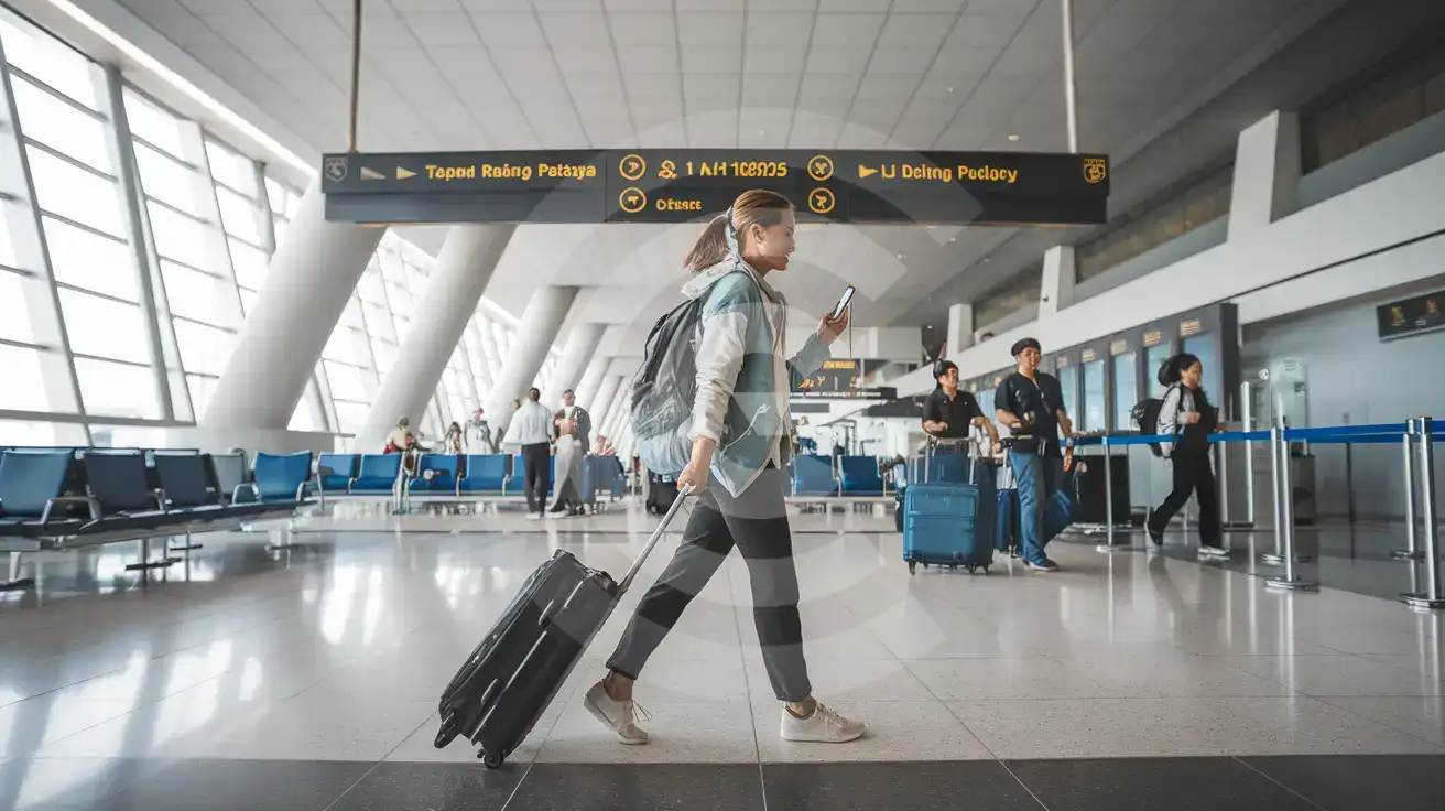 Solo female traveler walking through the arrivals concourse at U-Tapao Rayong-Pattaya International Airport in Pattaya, Thailand