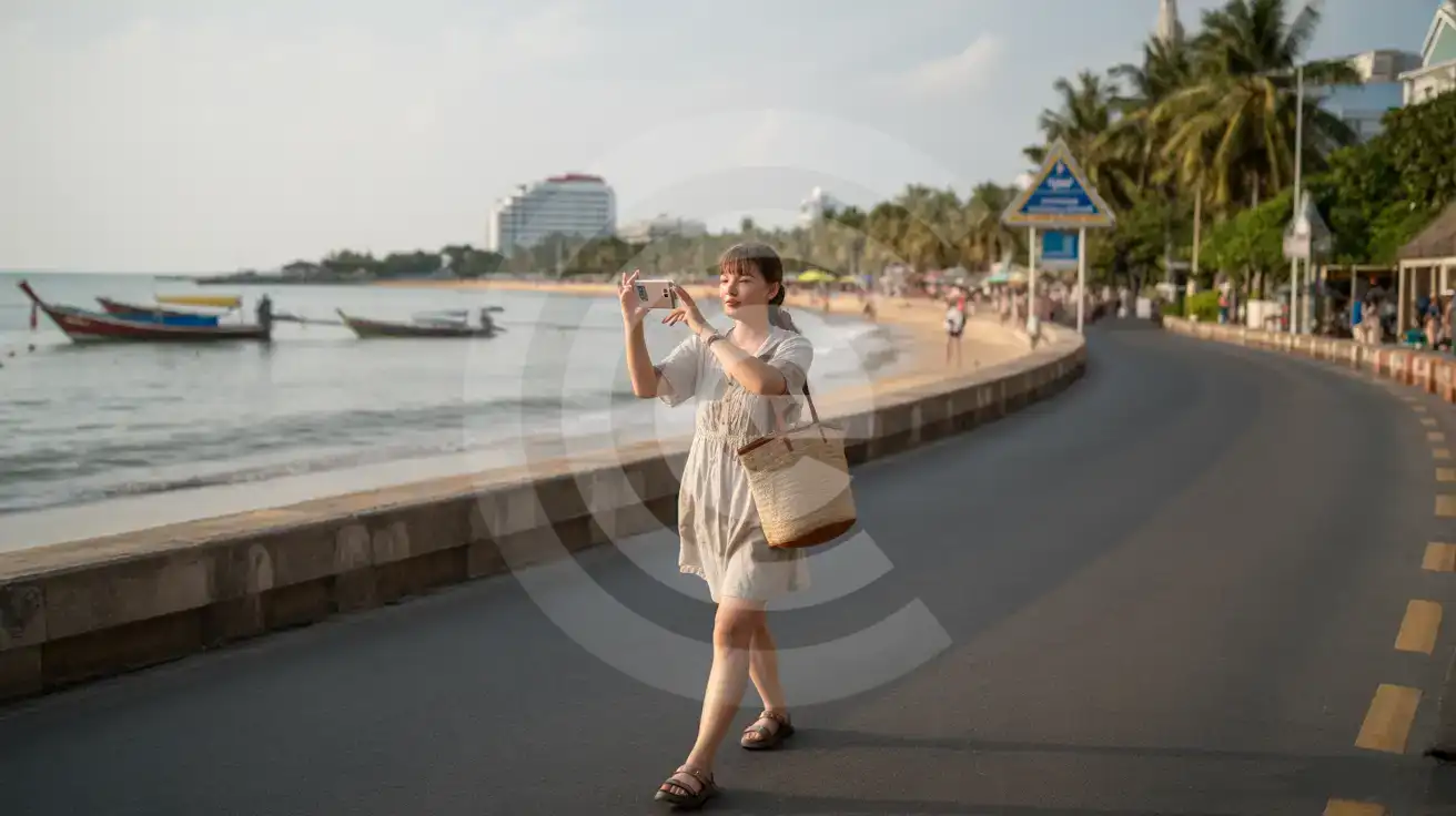 Solo female traveler photographing Pattaya Beach Road's curved promenade with palm trees and Gulf of Thailand views